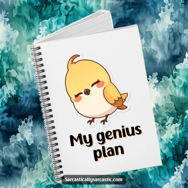 Funny notebook with a charming illustration of a small bird character cocking its head, a subtle smirk on its beak.
