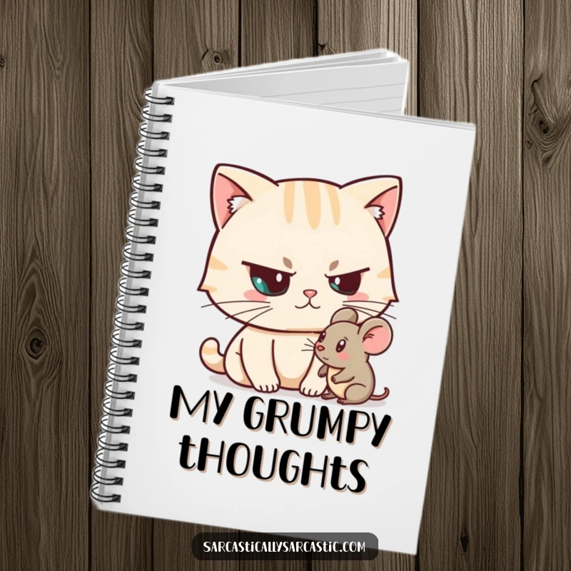 Funny Unimpressed Cat Notebook featuring a skeptical cat character raising an eyebrow at a toy mouse, great for journaling, a funny gift.