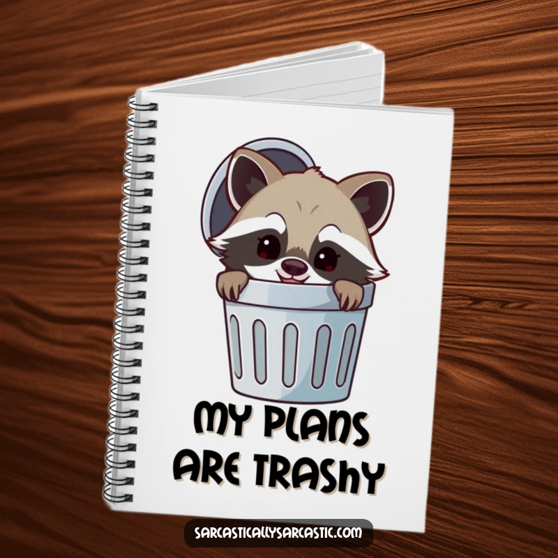 Funny notebook with a cheerful raccoon character, peeking from a trash can with a mischievous smirk, perfect for jotting notes, journaling, or planning.