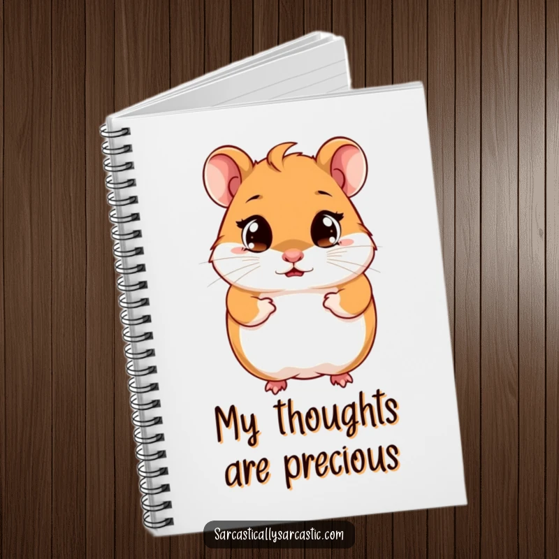 Funny hamster notebook with a cute, smirking character, bright observant eyes, perfect for journaling and note-taking.