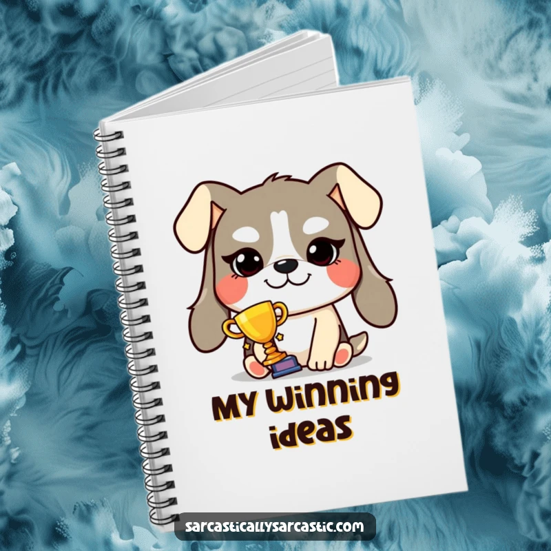 Funny smug dog trophy notebook featuring a grinning dog holding a tiny trophy, perfect for journaling successes and proud moments.