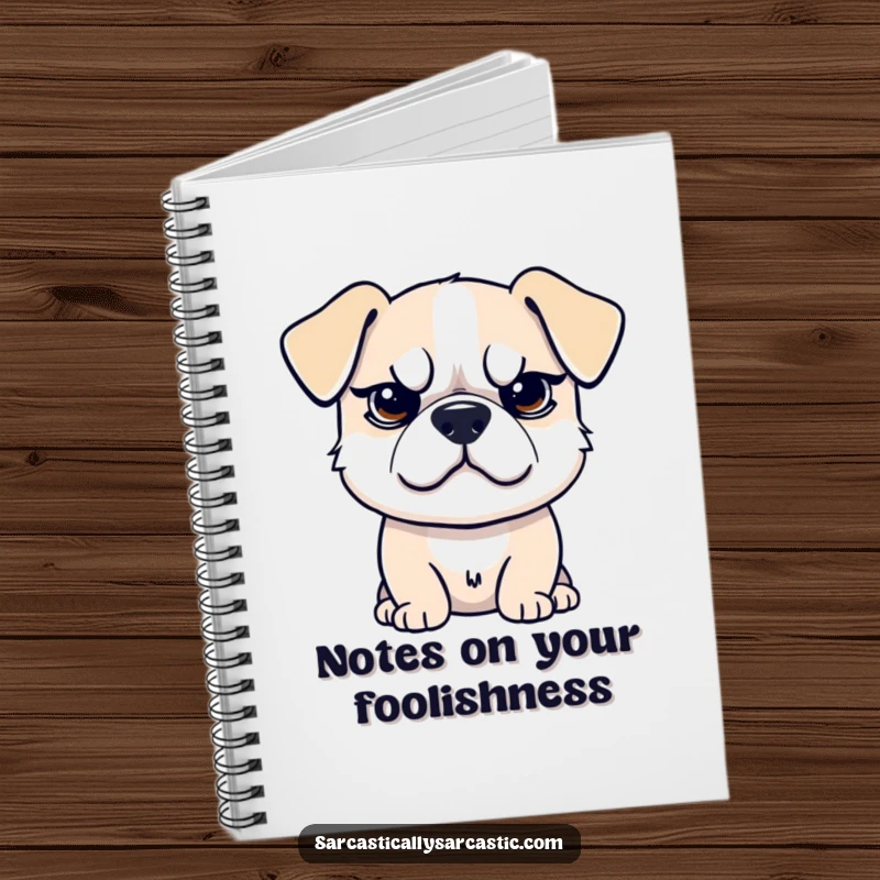 Funny notebook featuring a sarcastic dog with a raised eyebrow and smirk, ideal for jotting down witty thoughts, a funny gift.