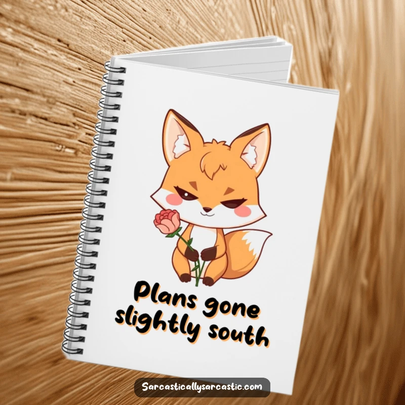 Funny notebook featuring a sly fox with a mischievous grin and a wilted flower, perfect for notes & journaling.