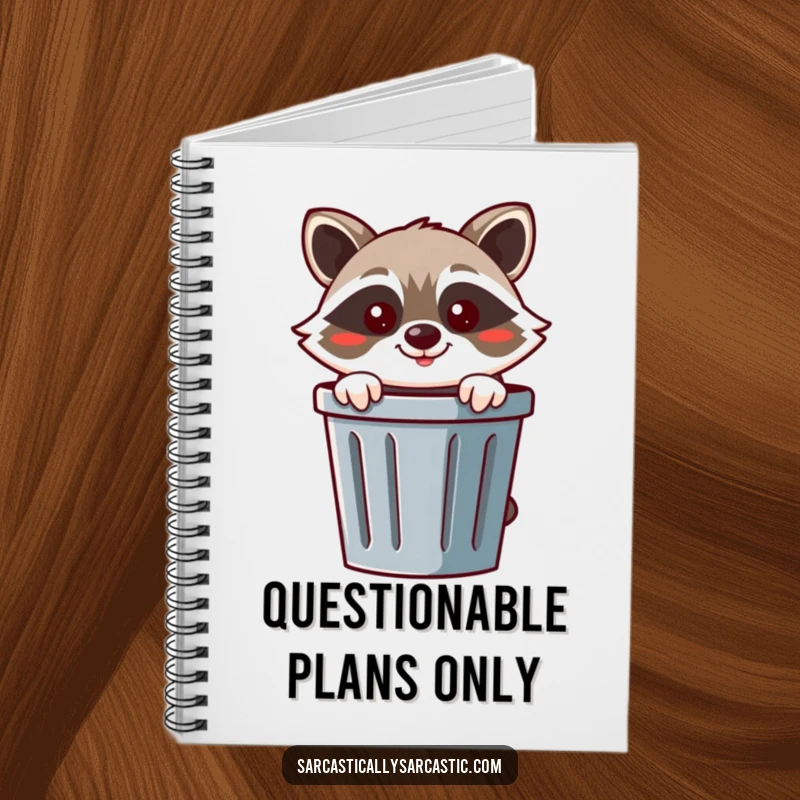 Funny raccoon notebook with a cheerful raccoon peeking from behind a trash can with a mischievous smirk.