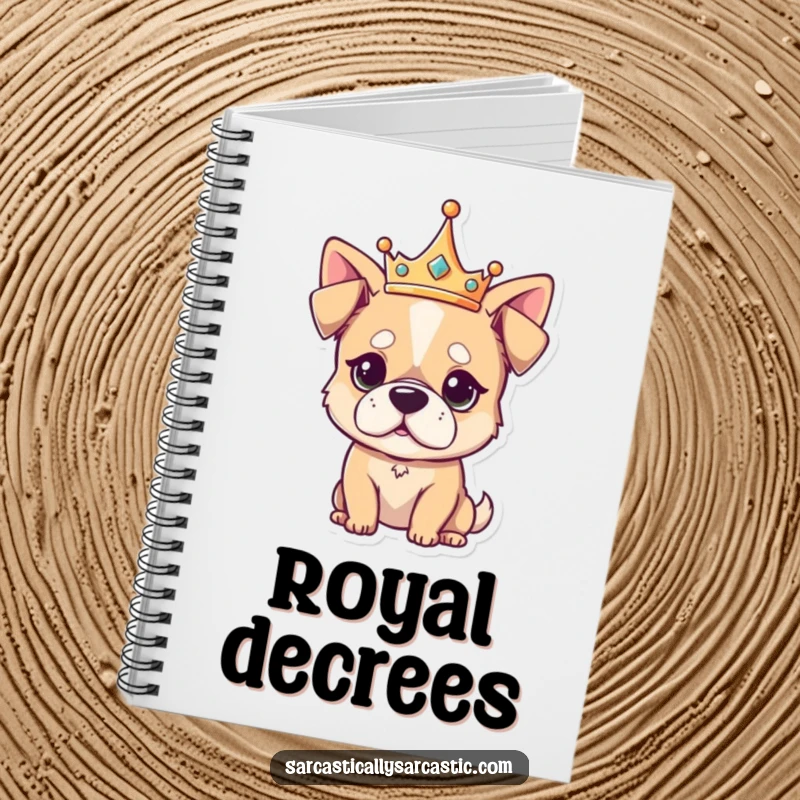 Funny Notebook cover featuring a kawaii dog with a crown and an unimpressed expression, designed for jotting down majestic thoughts.