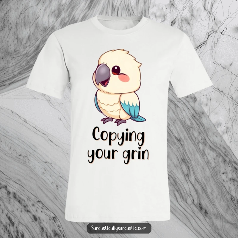 Funny t-shirt featuring a parrot mimicking a smirk, beak slightly upturned, expressing sassy humor and mimicry.