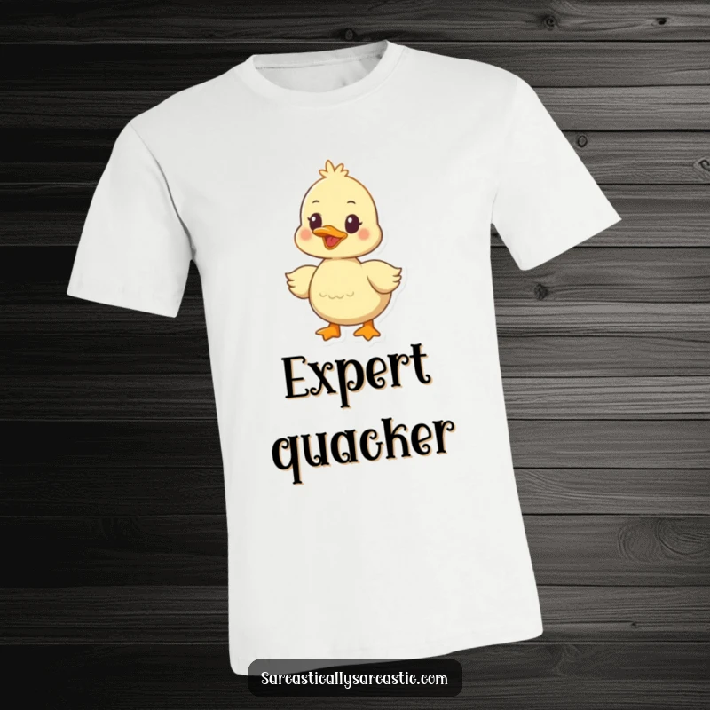 Funny duckling t-shirt showcasing a cheerful bird mid-quack, radiating happiness with a playfully knowing expression.