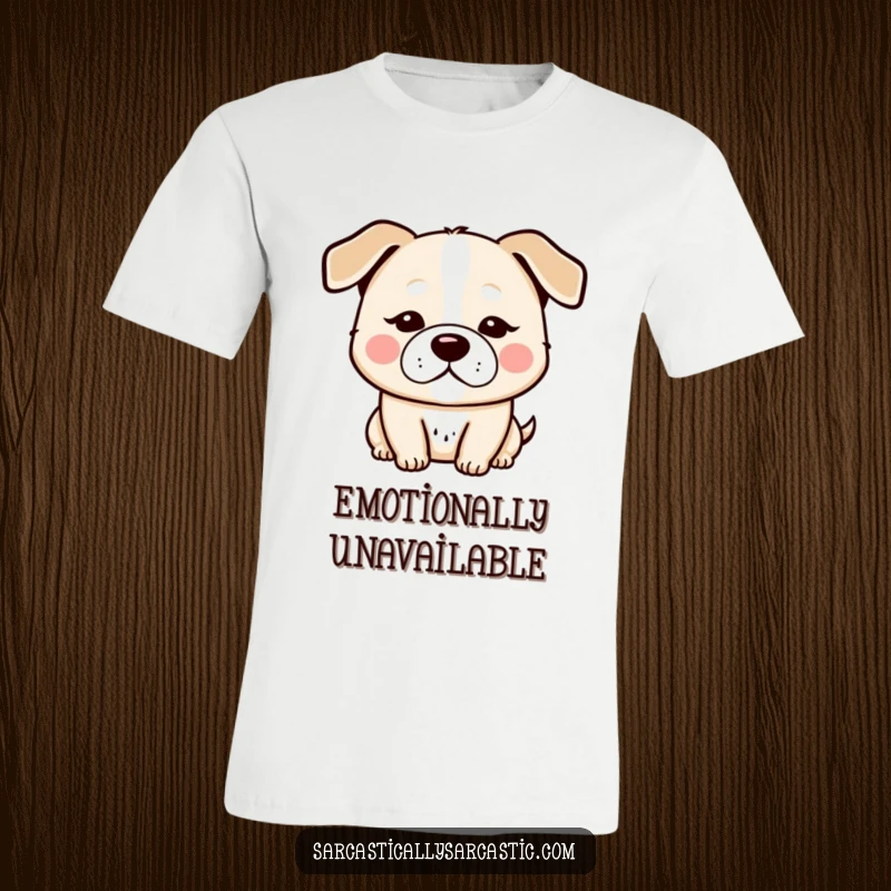 Funny kawaii dog t-shirt, humorously displaying a deadpan expression with slightly droopy ears, full of wit.