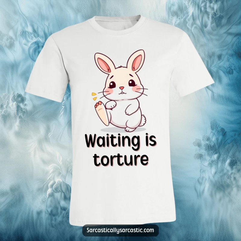 Funny Kawaii Rabbit T-Shirt: A super cute bunny taps its foot with a funny sigh, expressing mock impatience, great for gifts.