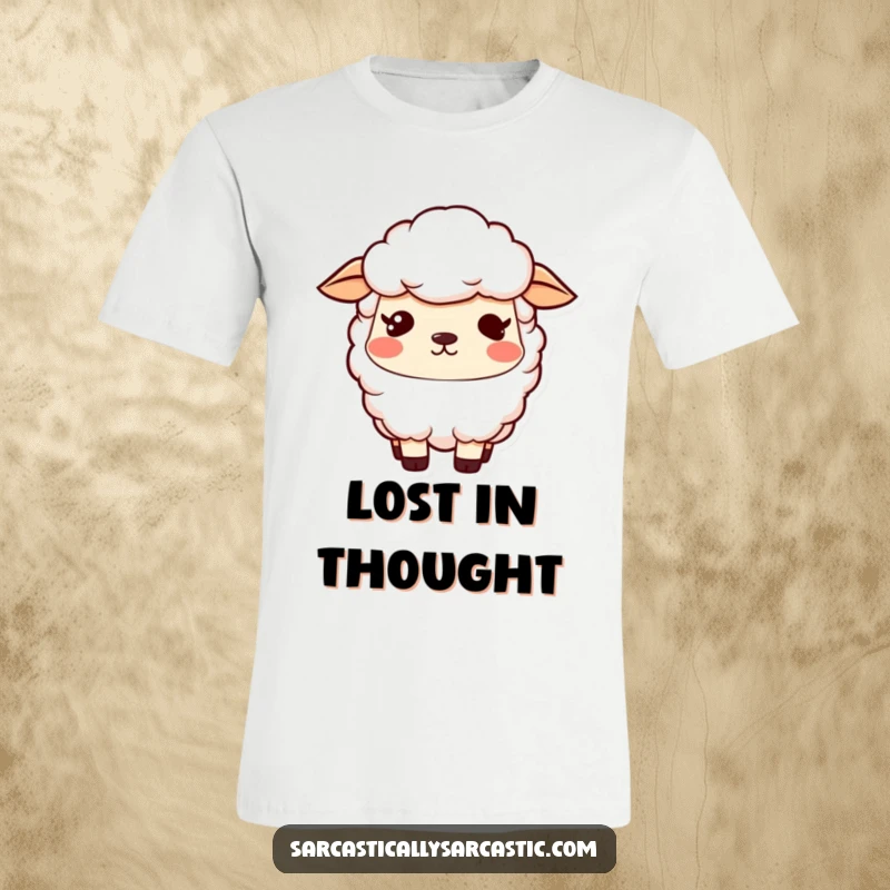 Funny kawaii sheep t-shirt with a vacant stare and a slight smirk, perfect for a quirky and funny gift.