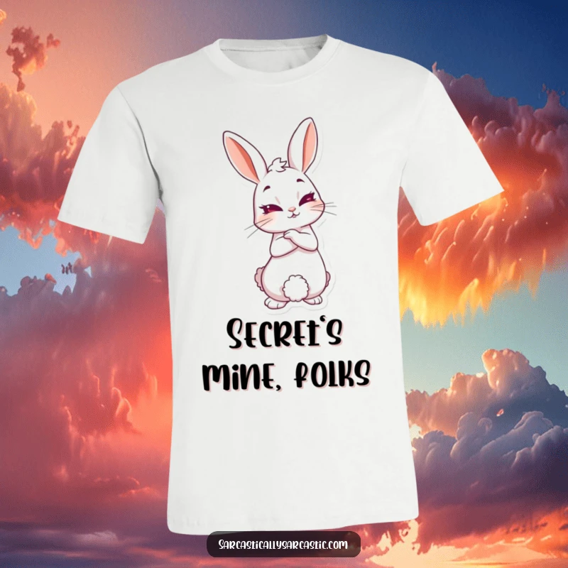 Funny knowing rabbit t-shirt showcasing a rabbit leaning back with a sly smirk, hinting at secrets and witty knowledge.