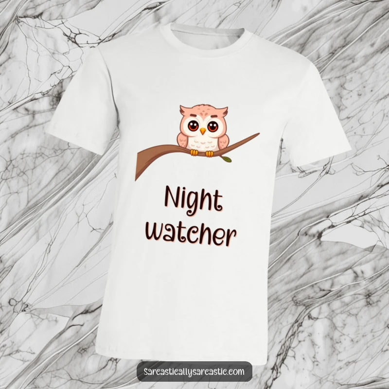 Funny owl t-shirt showcasing a curious owl peeking out from behind a tree branch, with large, inquisitive eyes.