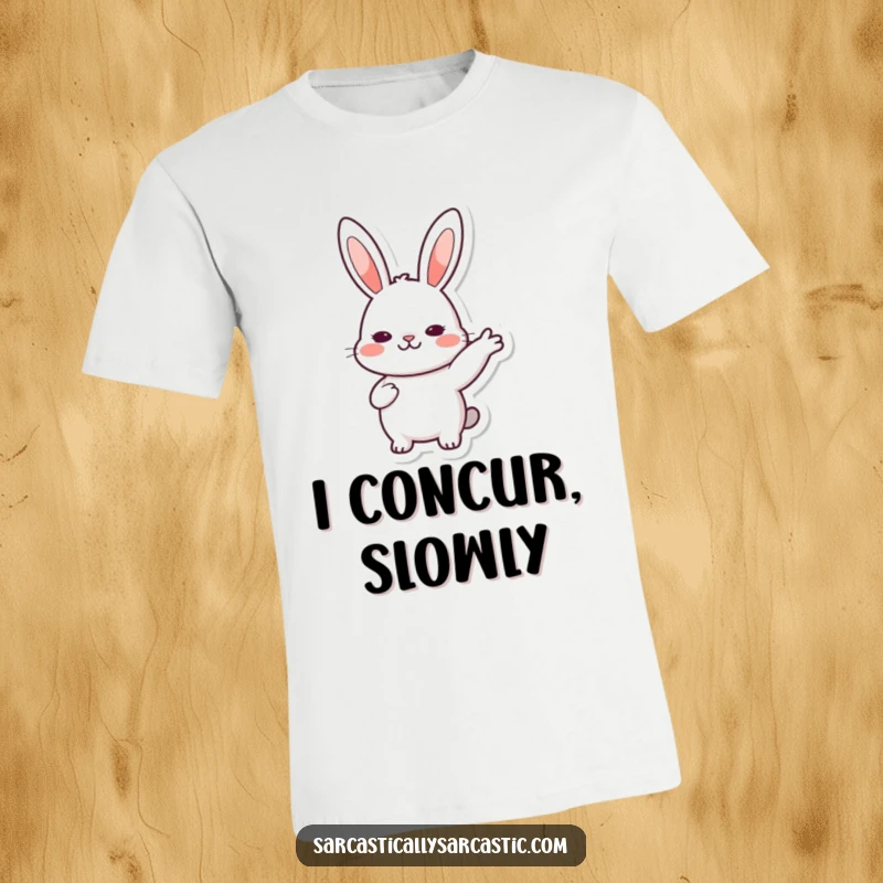 Funny T-Shirt: Kawaii rabbit character performing a slow, deliberate nod, symbolizing gentle agreement and thoughtful affirmation, a great funny gift.