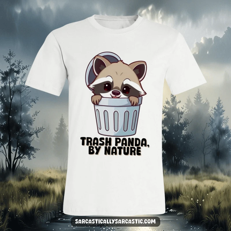 Funny t-shirt with a cheerful raccoon peeking from a trash can, sporting a mischievous smirk, perfect for showcasing a playful and resourceful attitude.