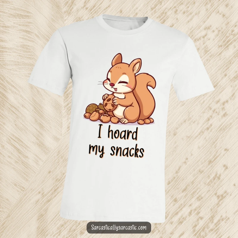 Funny squirrel t-shirt featuring a mischievous character with a sly look hoarding nuts, ideal for expressing cunning and preparedness.