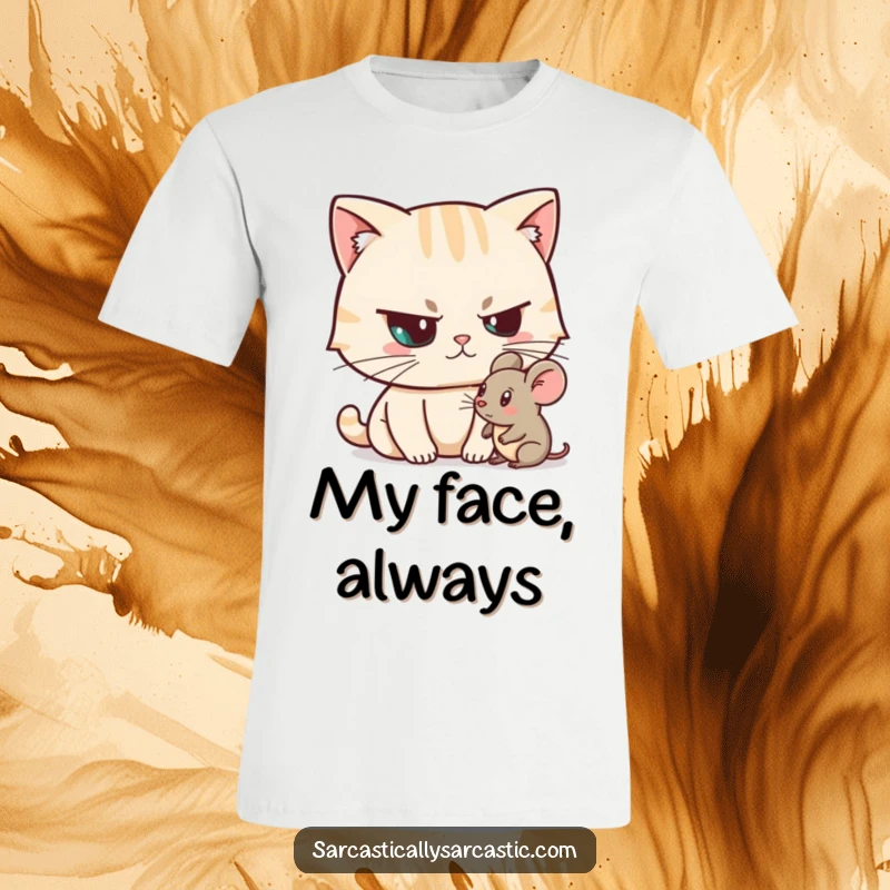 Funny Unimpressed Cat T-Shirt showing a cat with a skeptical raised eyebrow judging a toy mouse, a purrfectly funny gift.