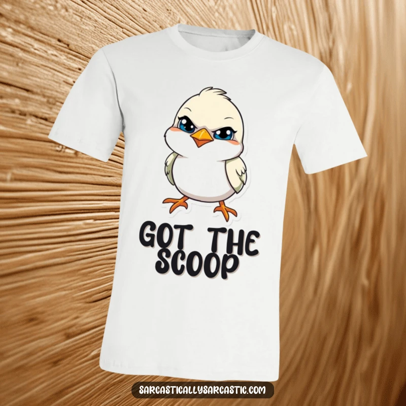 Funny t-shirt featuring a bird with a tilted head and a knowing, sly smile, exuding intelligence and humor.