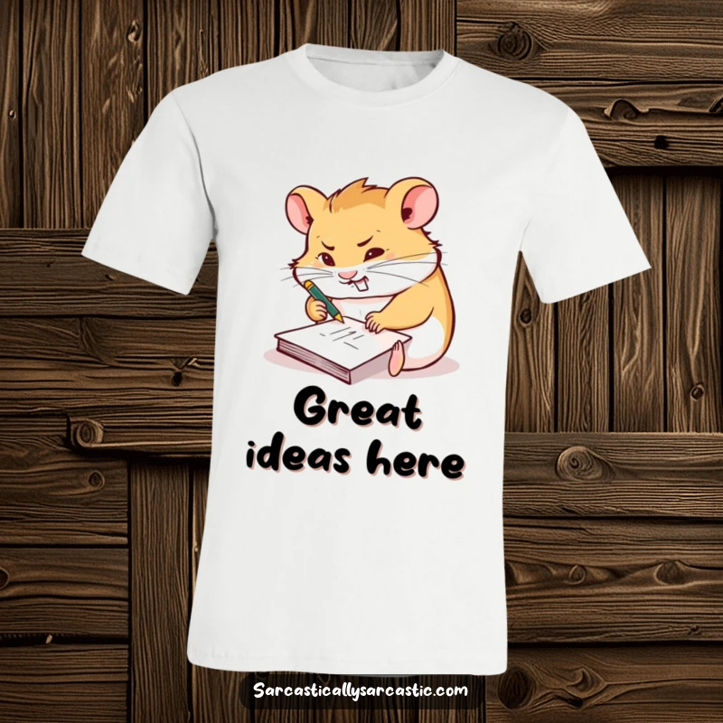 Funny t-shirt featuring a hamster scribbling furiously on a tiny notepad with a smirk, symbolizing intense focus.