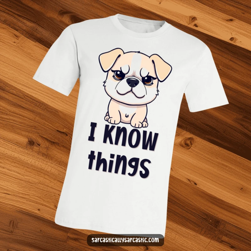 Funny t-shirt featuring a dog with a raised eyebrow and a sarcastic smirk, embodying witty sarcasm, a funny gift.