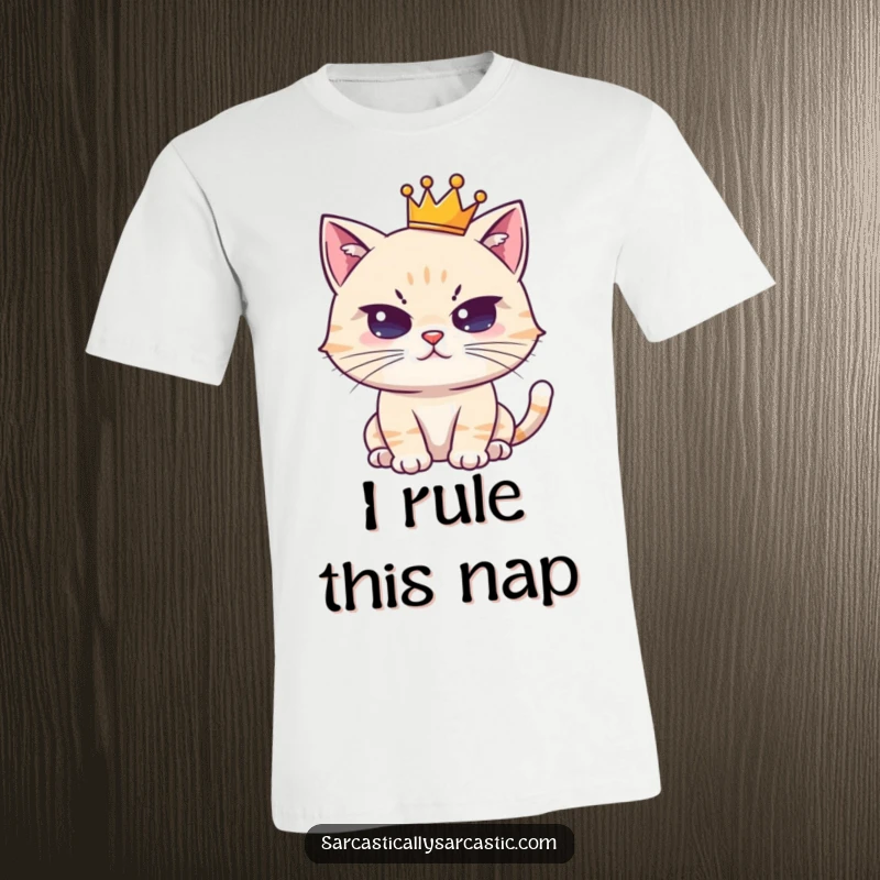 Funny cat t-shirt featuring a cute character in a tiny crown, giving a deadpan stare; regal and humorous apparel.