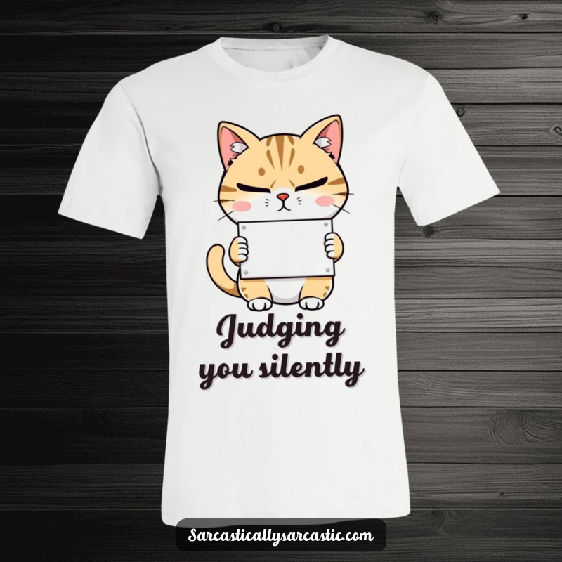 Funny cat t-shirt with a smirking feline holding a tiny sign, conveying a sassy and judgmental attitude.