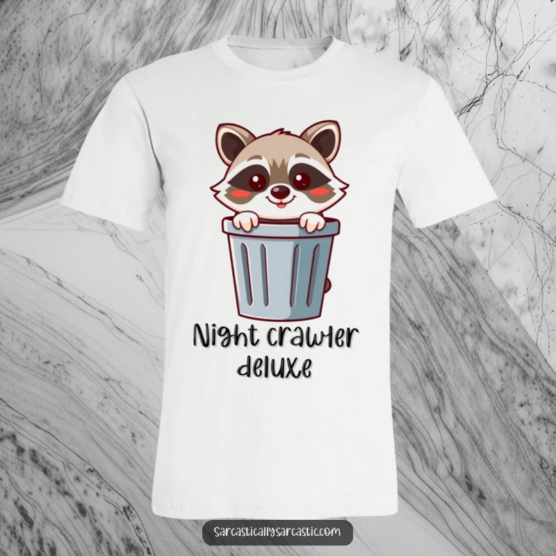 Funny raccoon t-shirt with a cheerful raccoon character peeking from behind a trash can with a mischievous smirk.