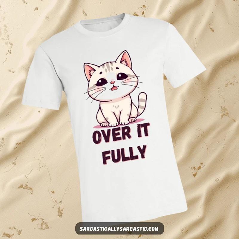 Funny t-shirt showcasing a cute kawaii cat with wide eyes, letting out a single, exaggerated, dramatic sigh of pure exhaustion.