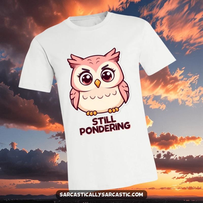 Funny t-shirt with an owl character looking curious and tilting its head, symbolizing wisdom and humor.