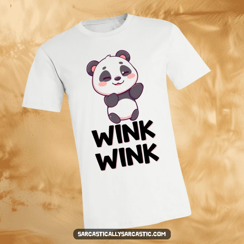 Funny panda t-shirt depicting a cheerful panda bear giving a sly, knowing wink, exuding a friendly and intelligent vibe.