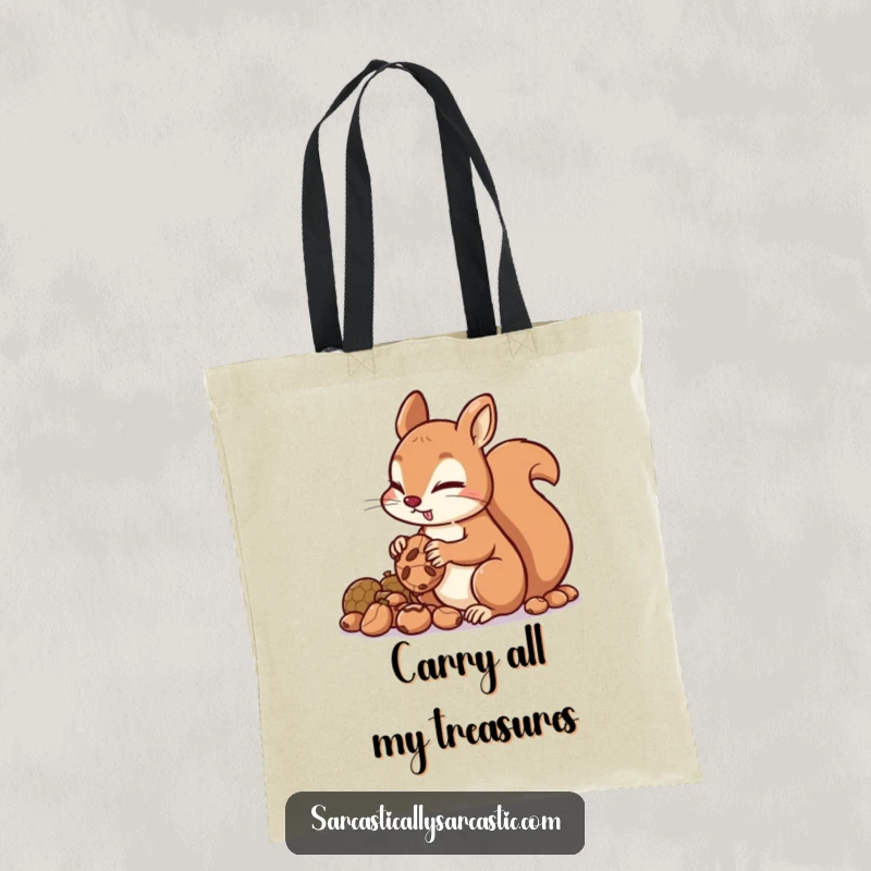 Funny squirrel tote bag with a mischievous character hoarding nuts, perfect for carrying essentials with a hint of cleverness.