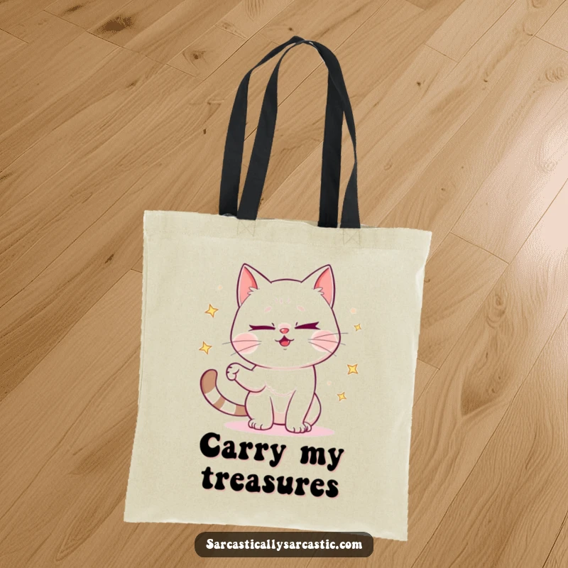 Funny tote bag with a mischievous cat winking and juggling sparkly objects, perfect for shopping.