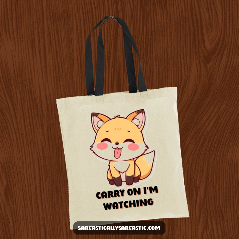 Funny tote bag showcasing a sweet kawaii fox playfully sticking its tongue out with a mischievous grin.