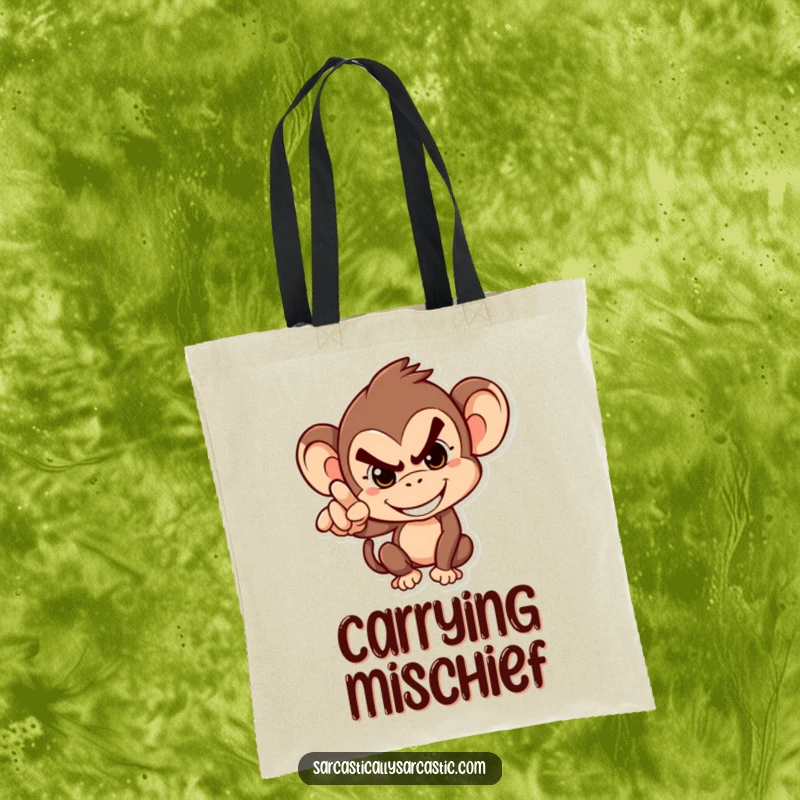 Funny Tote Bag: Mischievous monkey grinning and pointing accusingly, a humorous and practical accessory for carrying your belongings.