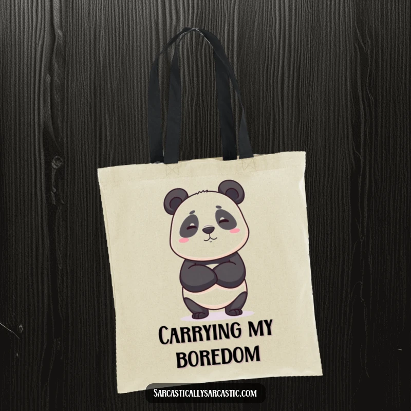 Funny tote bag with a panda crossing its arms and giving a deadpan expression, suitable for carrying essentials with apathy, a funny gift.