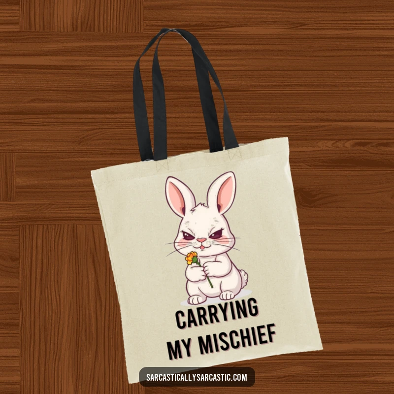 Funny tote bag with a sly rabbit grinning and holding a tiny, wilted flower, suitable for playful shopping, a funny gift.