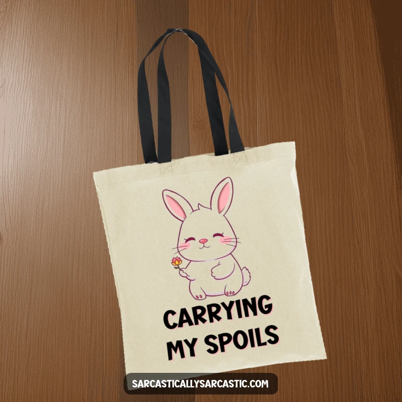 Funny rabbit tote bag with a rabbit offering a drooping flower with a knowing smile. Charming and practical.