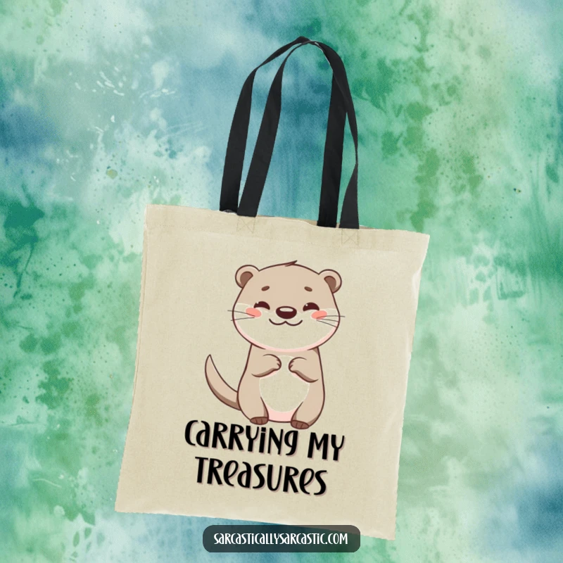 Funny otter tote bag displaying a happy otter with a teasing tail flick and a smirk, ready for any adventure.