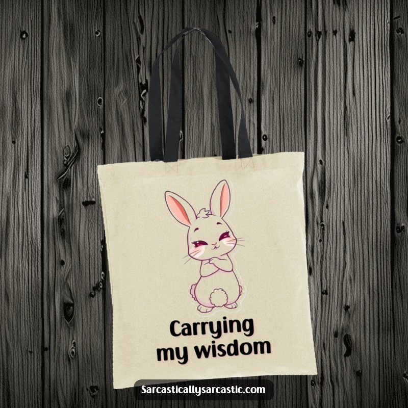 Funny knowing rabbit tote bag with a rabbit leaning back and smirking, perfect for carrying essentials with a dose of playful mystery.