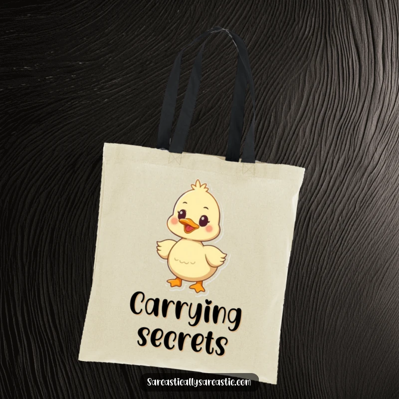Funny duckling tote bag depicting a cheerful bird quacking with a confident, knowing glance, ready for adventure.