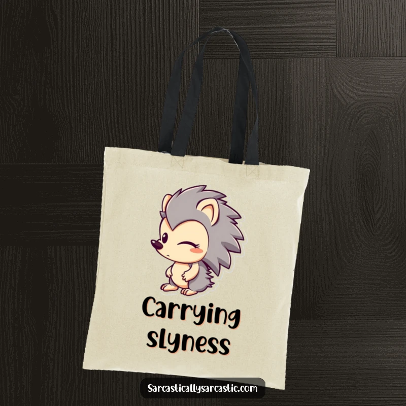 Funny tote bag with a hedgehog character looking sideways with a slight smirk, symbolizing playful secrets and cleverness.