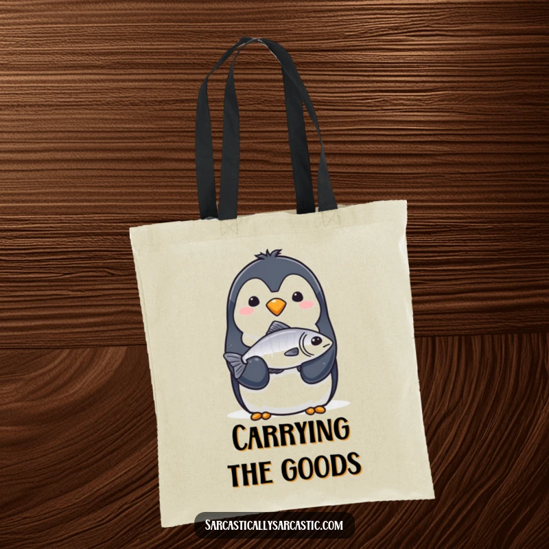 Funny Tote Bag: A penguin with a completely straight face solemnly offers a single, slightly limp fish with its flipper.