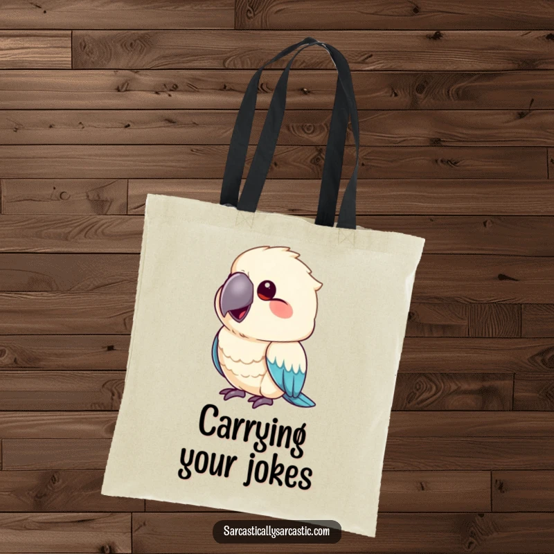 Funny tote bag featuring a parrot mimicking a smirk, beak slightly upturned, perfect for carrying sassy essentials.