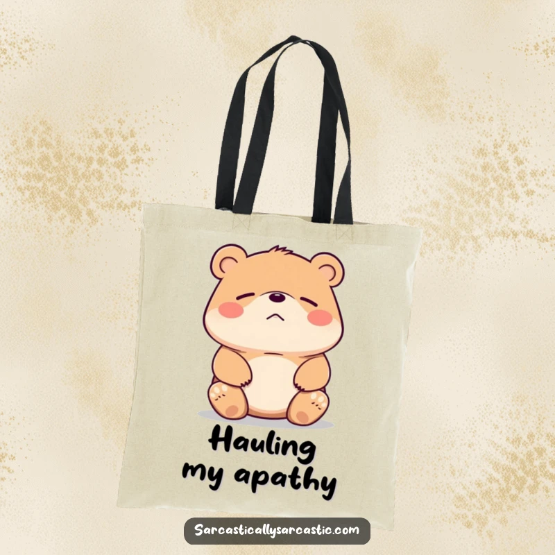 Funny bear tote bag with a bear shrugging its shoulders and a smirk. Ideal for everyday use.