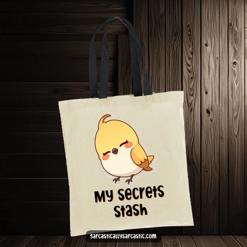 Funny tote bag featuring a small bird character with its head cocked and a subtle, knowing, mischievous smirk.