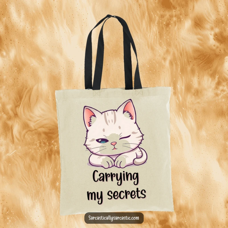 Funny Tote Bag illustrating a cat pretending to sleep with one eye open, ideal for carrying items with humorous cunning.