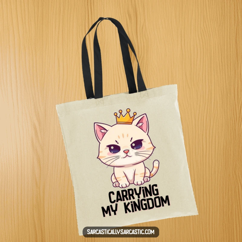 Funny tote bag showcasing a cute, crowned cat character with a deadpan stare; a stylish and humorous accessory.