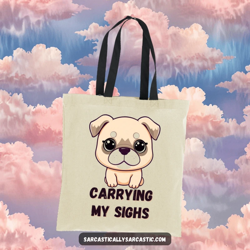 Funny Tote Bag: Kawaii dog with a deadpan expression and droopy ears, perfect for carrying essentials with a hint of canine ennui, a great funny gift.