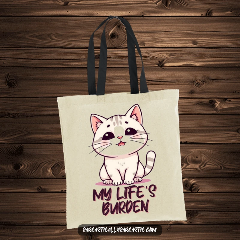 Funny tote bag with a kawaii cat exhaling a massive, weary sigh, ideal for shoppers who appreciate cute and humorous accessories.