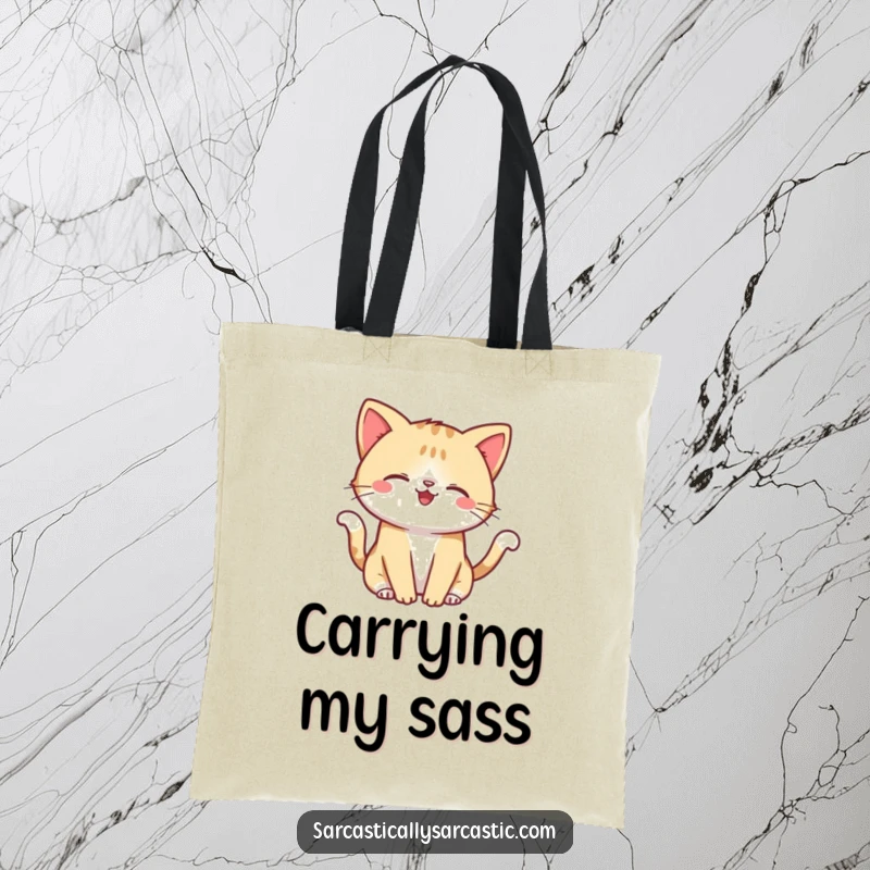 Funny tote bag with a kawaii cat sporting a smirk, playfully flicking its tail, a stylish and humorous accessory.