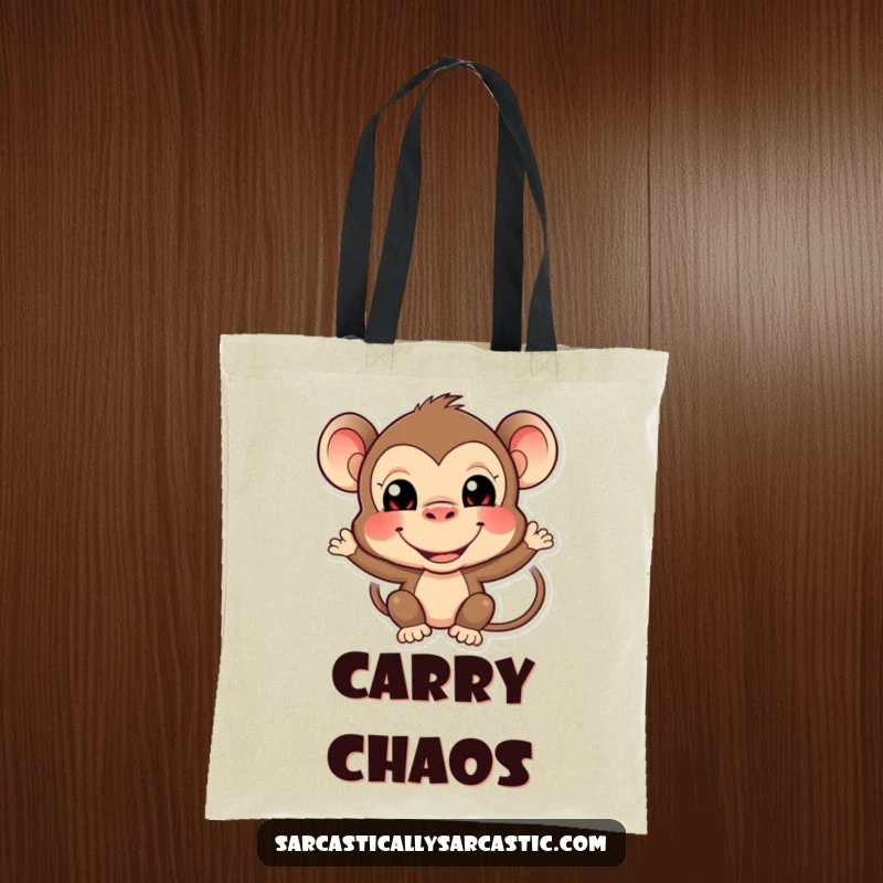 Funny monkey tote bag with a mischievous primate making a silly, funny face, perfect for carrying daily essentials.